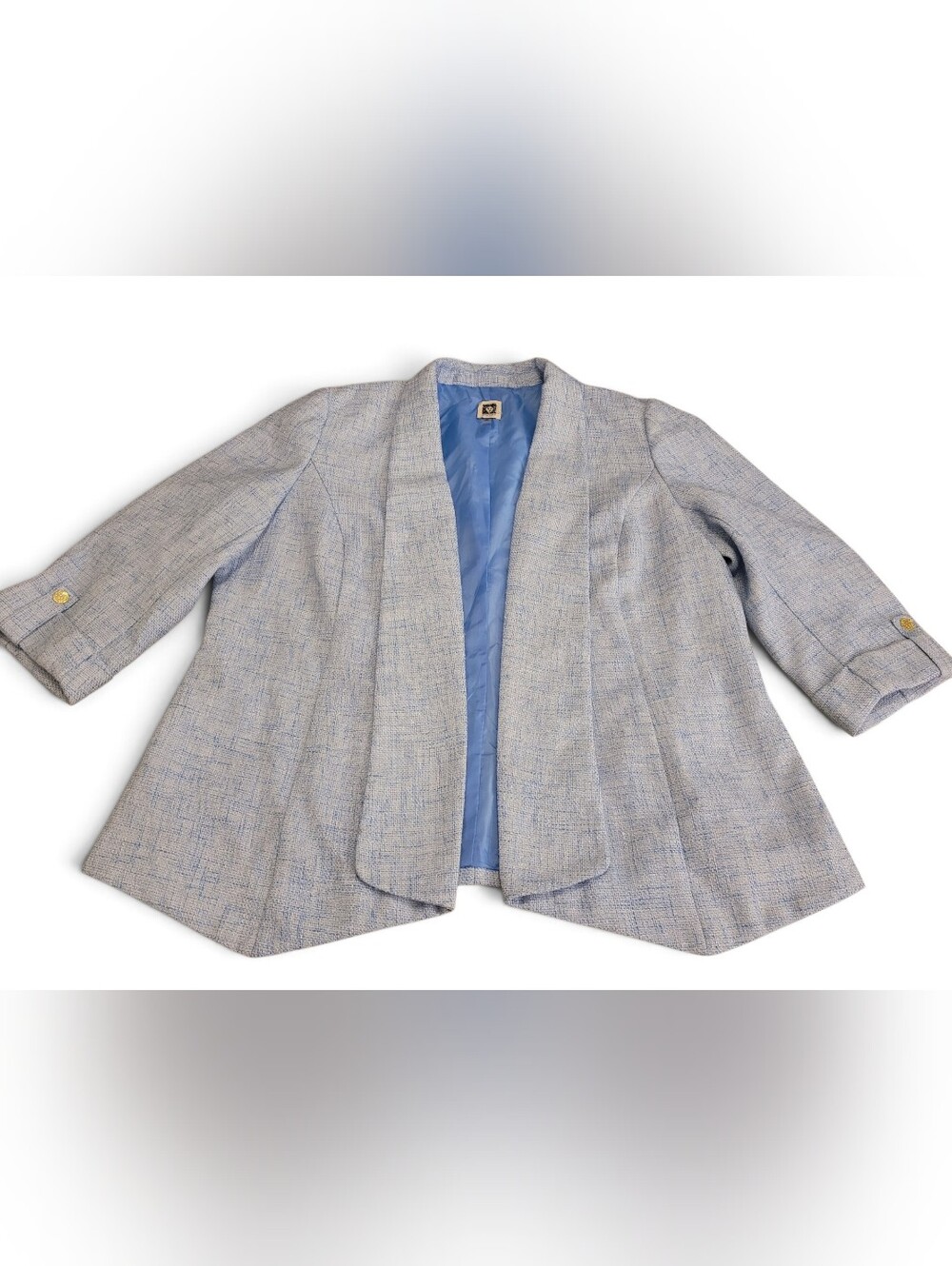 Anne Klein XL Light Blue Soft Tweed Blazer Gold Lion Buttons Professional Jacket
